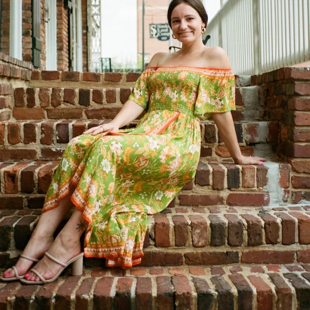 Off Shoulder Tropical Print Floral Smocked Maxi Dress - Picture 1 of 8